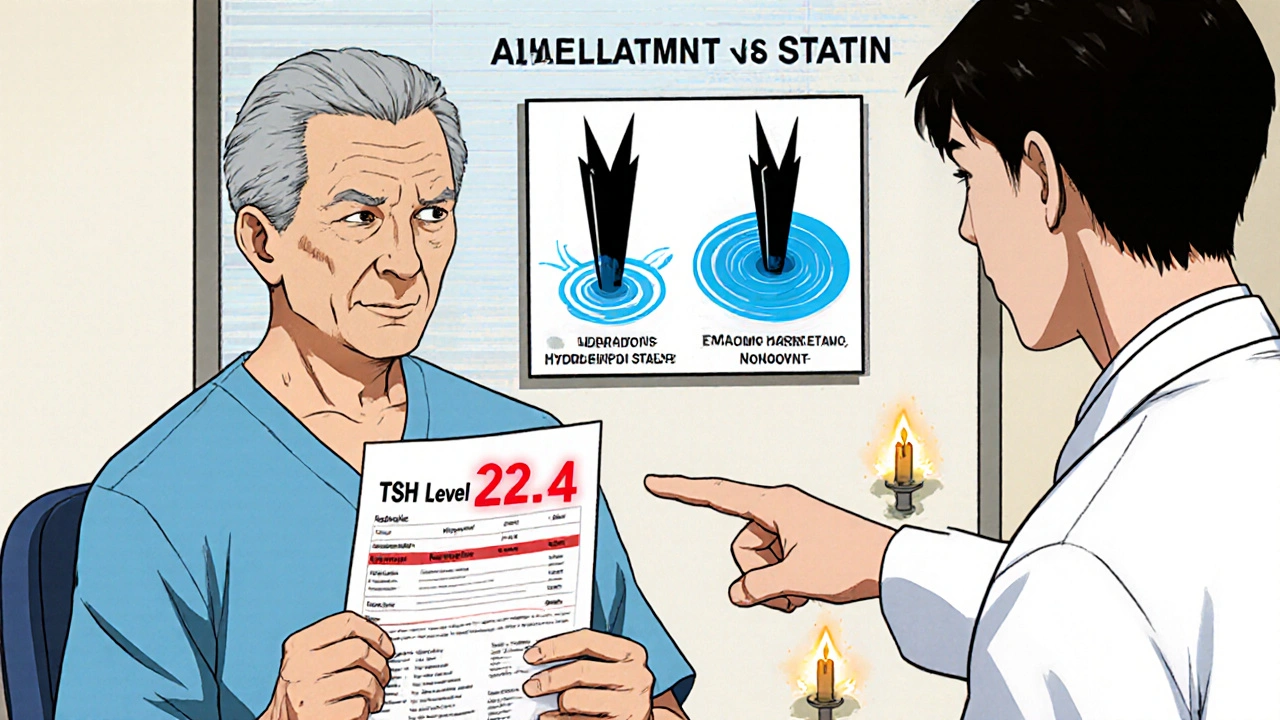 A patient and doctor reviewing blood test results with statin types shown as opposing forces affecting muscle cells.