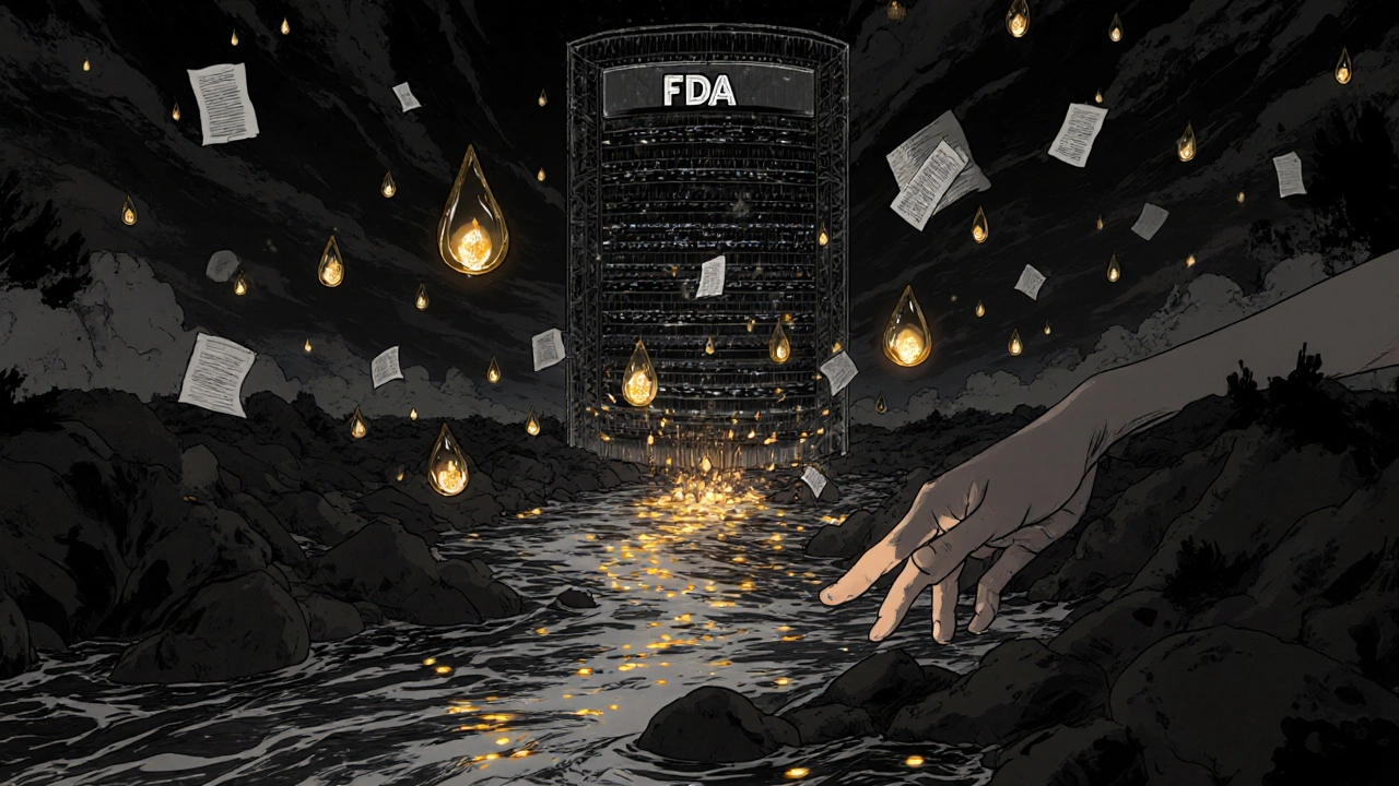 A river of patient reports flows into a central FDA database, with one hand dropping a final report into the stream.