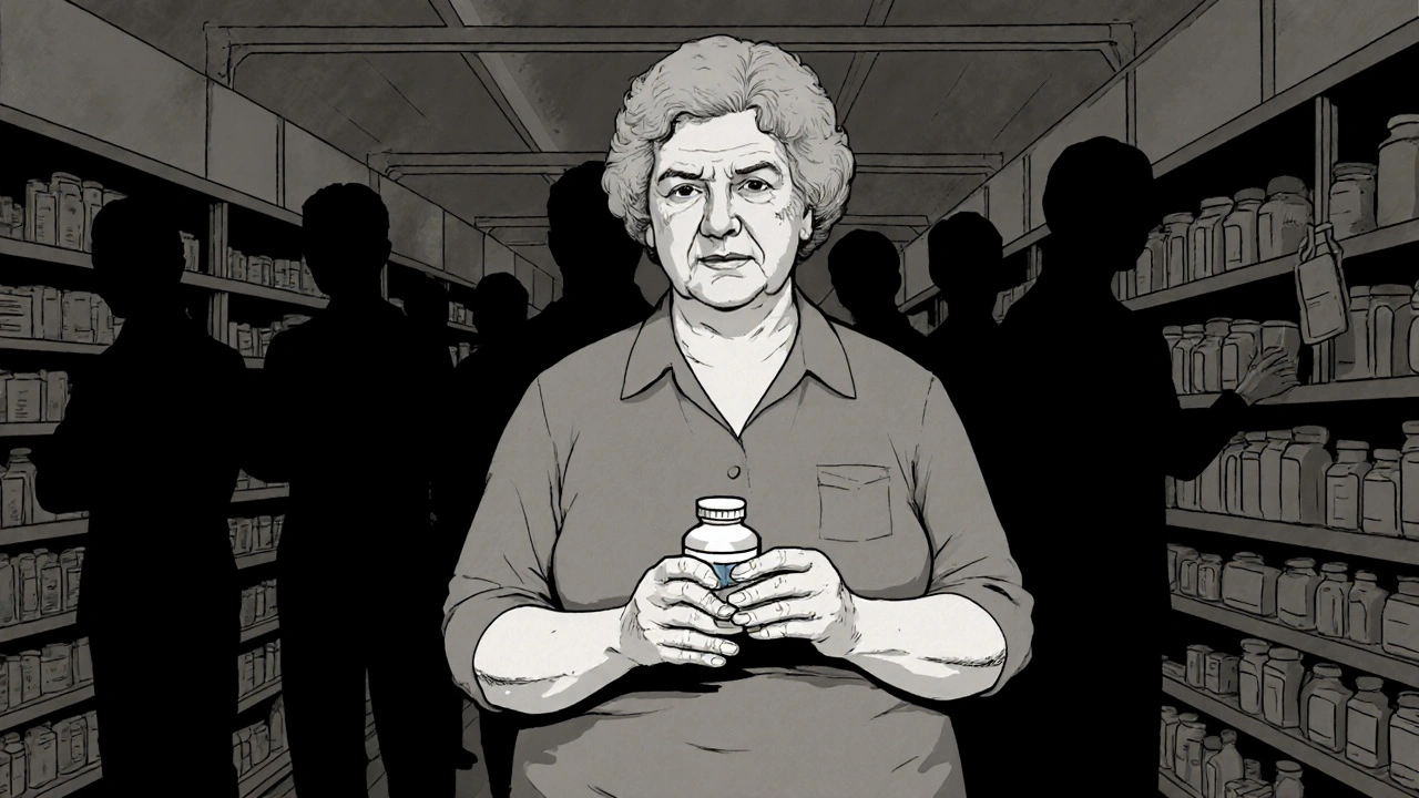 An elderly woman in a pharmacy reaches for a generic drug, ghostly memories of financial struggle behind her, in stark Gekiga style.