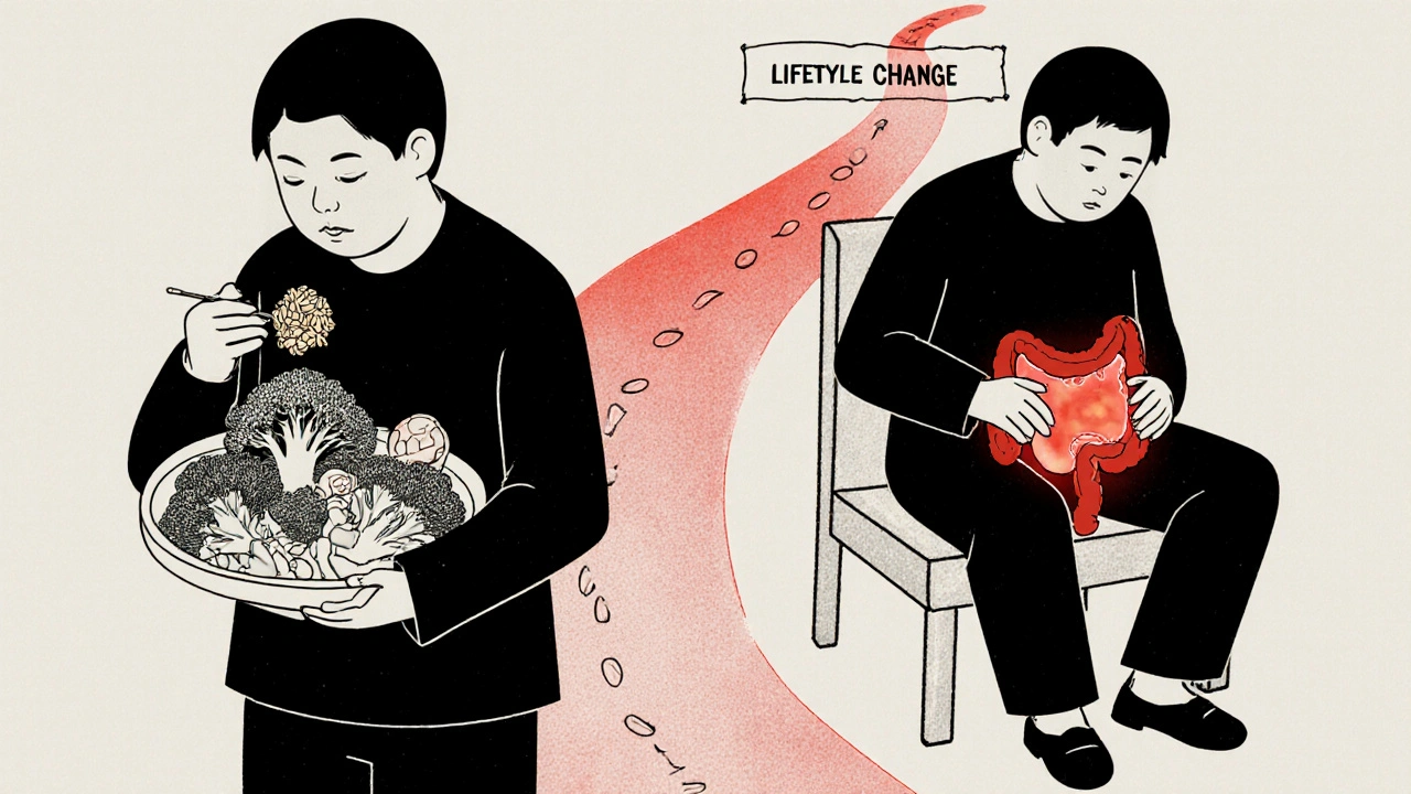 Contrasting images of healthy vs. strained bowel habits, showing lifestyle impact on hemorrhoids in anime gekiga style.