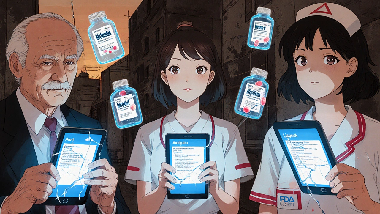 Diverse individuals viewing FDA drug alerts on their phones with warning drug bottles around them.