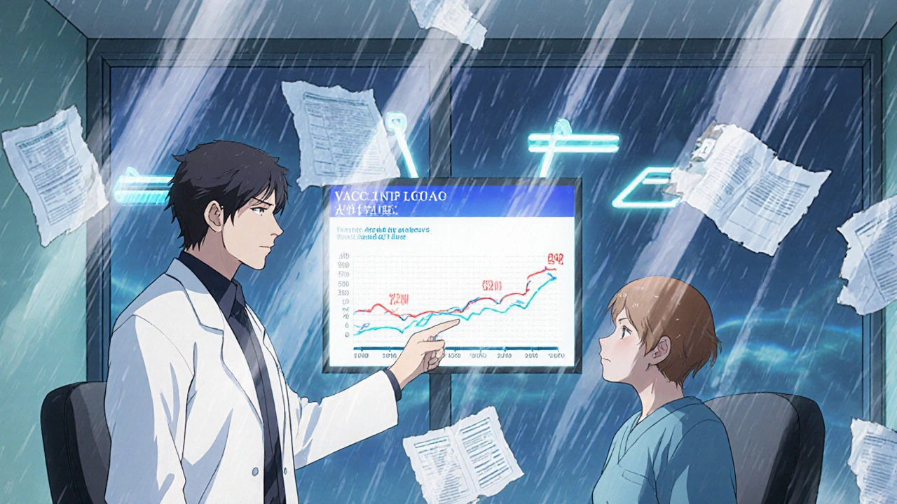 Doctor and patient viewing a blood panel showing rising B-cell counts with a glowing timeline overlay.