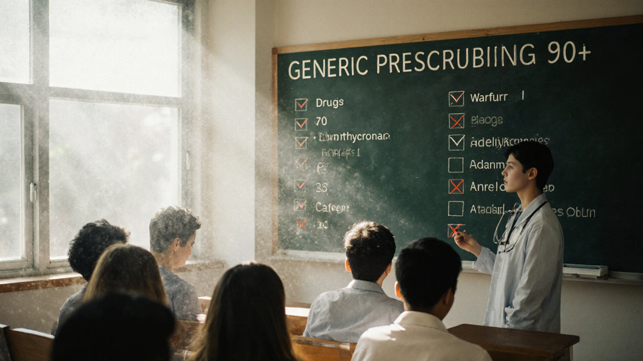 Doctor explains generic prescribing on chalkboard with exceptions marked in red.