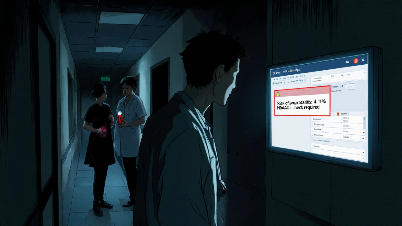 Doctor viewing a dynamic boxed warning on an EHR screen, patient in pain in background, nurse holding blood vial.