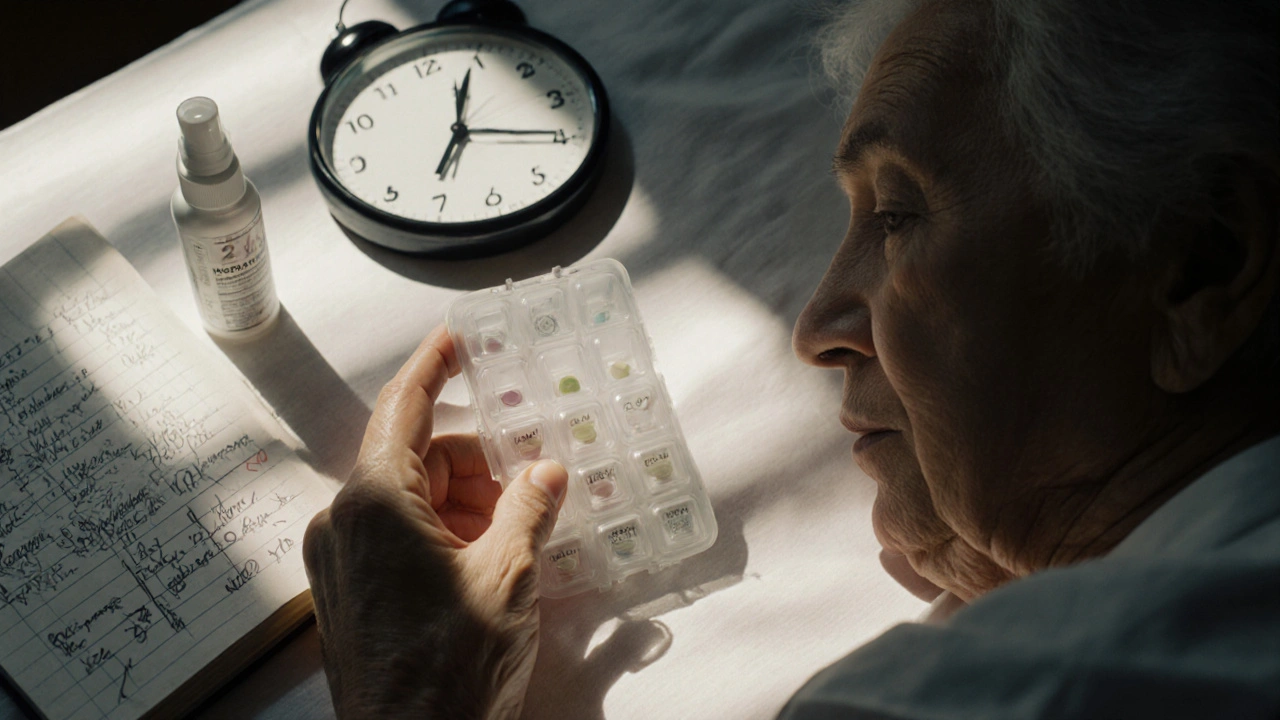 Elderly woman with pill organizer and naloxone spray beside her, irregular breathing visible in dim light.