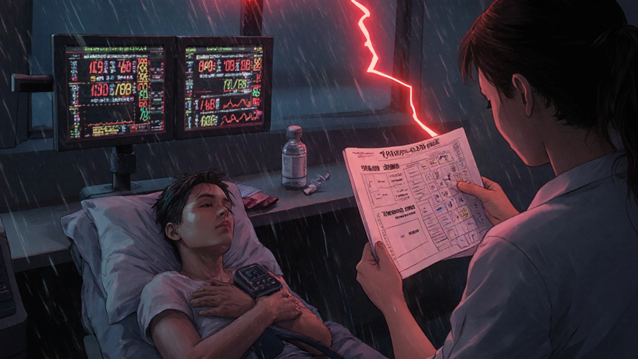 ER patient with hypertensive crisis, monitors flashing dangerously high blood pressure