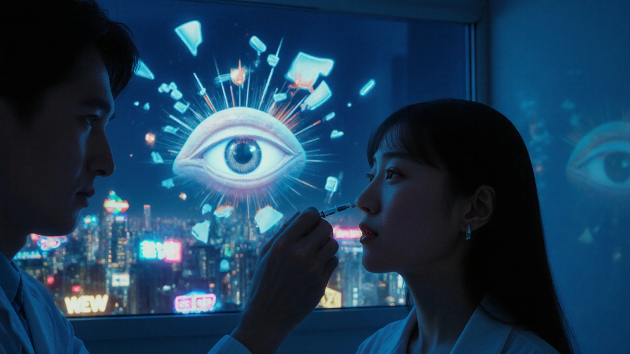 Eye doctor inserting punctal plug in clinic, glowing eye diagram in background, city lights outside.