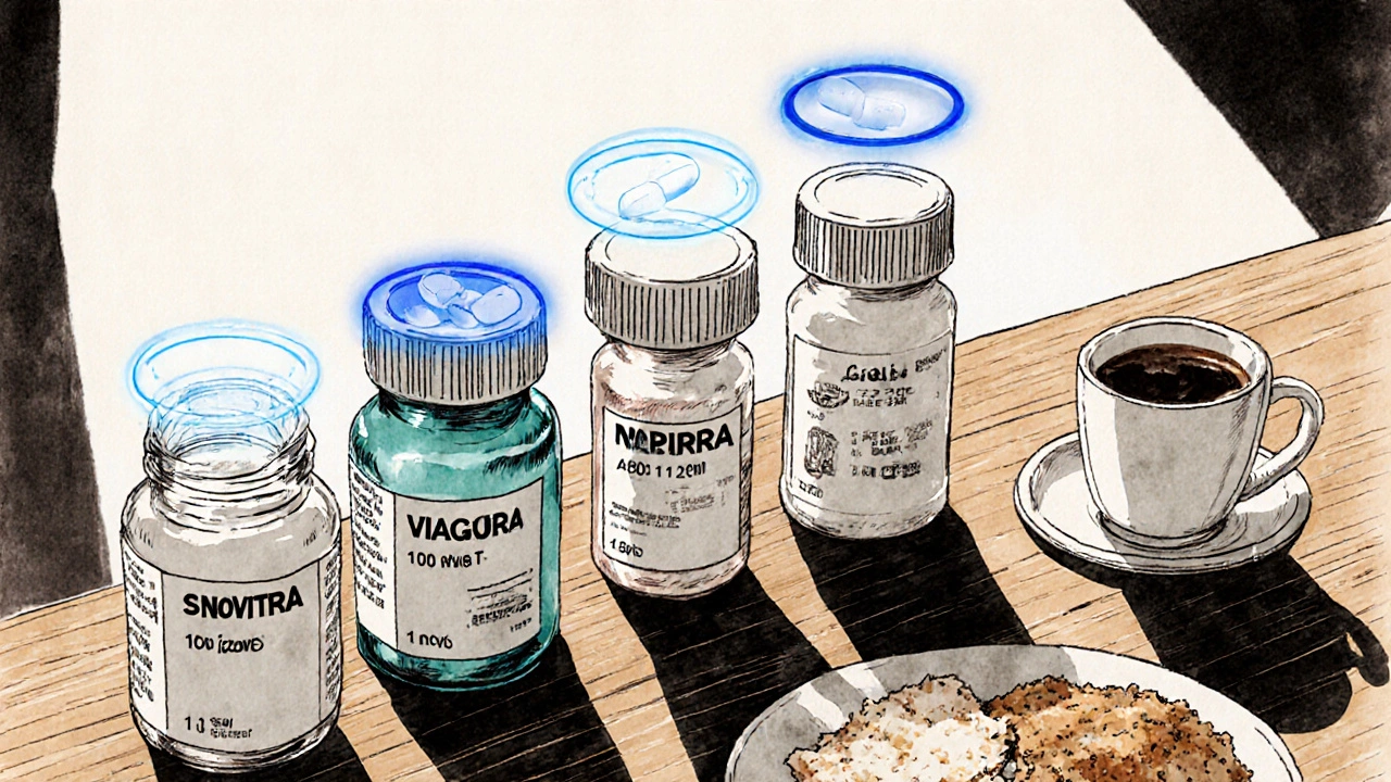 Four ED medication bottles on a table with glowing effects representing their unique durations.