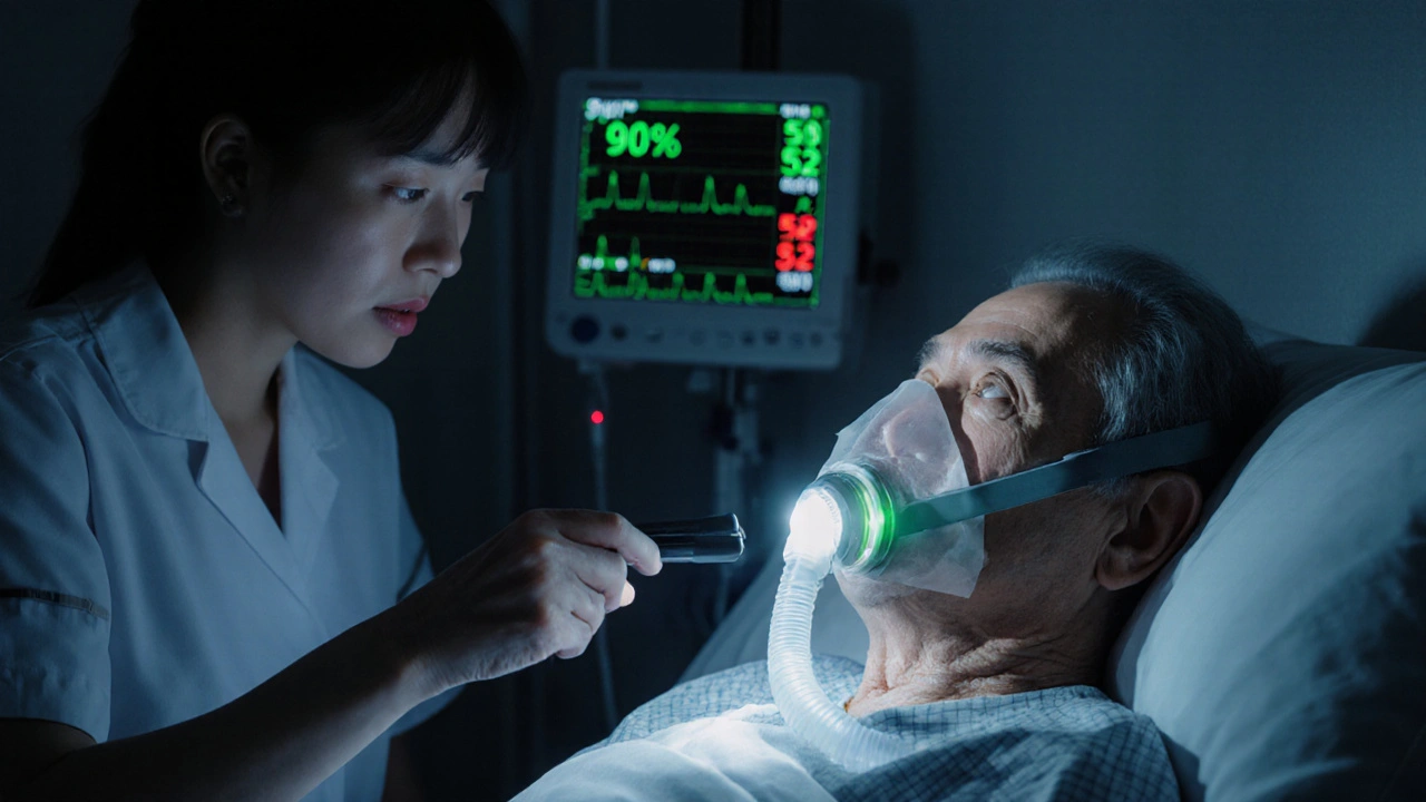 Nurse checking sedation level of elderly patient in hospital, oxygen mask on, capnography alarm flashing.