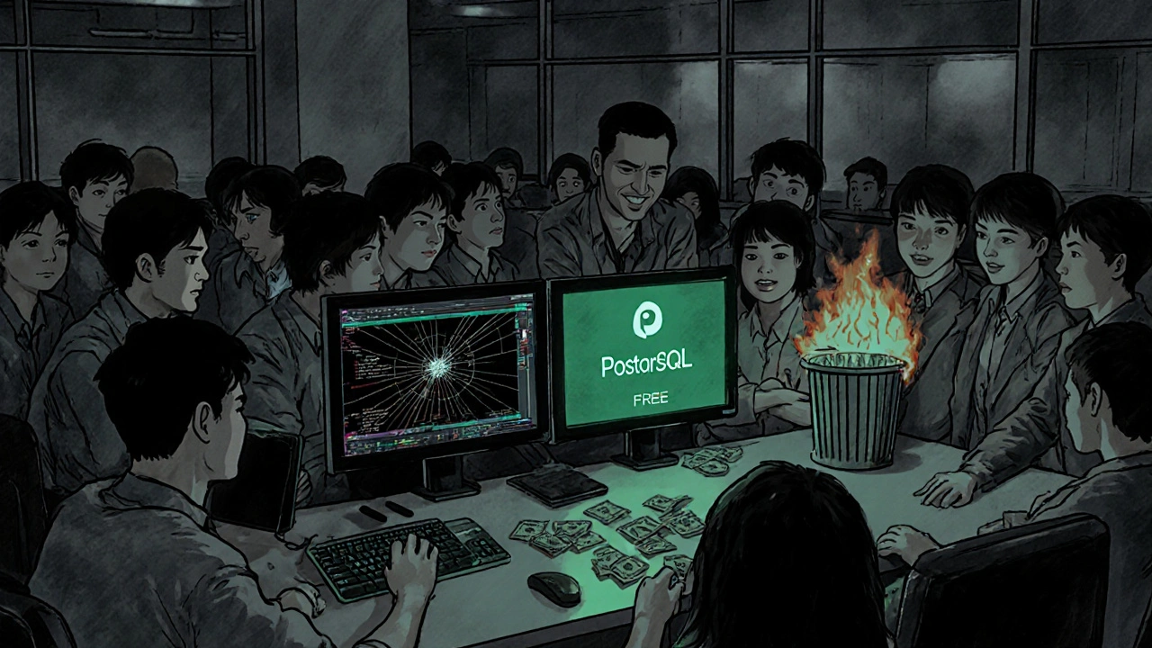 Office workers watching software price comparison as expensive license burns in trash