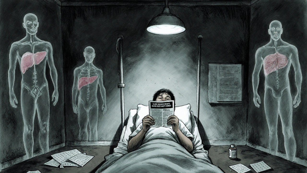 Patient alone on hospital bed holding warning leaflet, ghostly figures of past victims fading into walls.