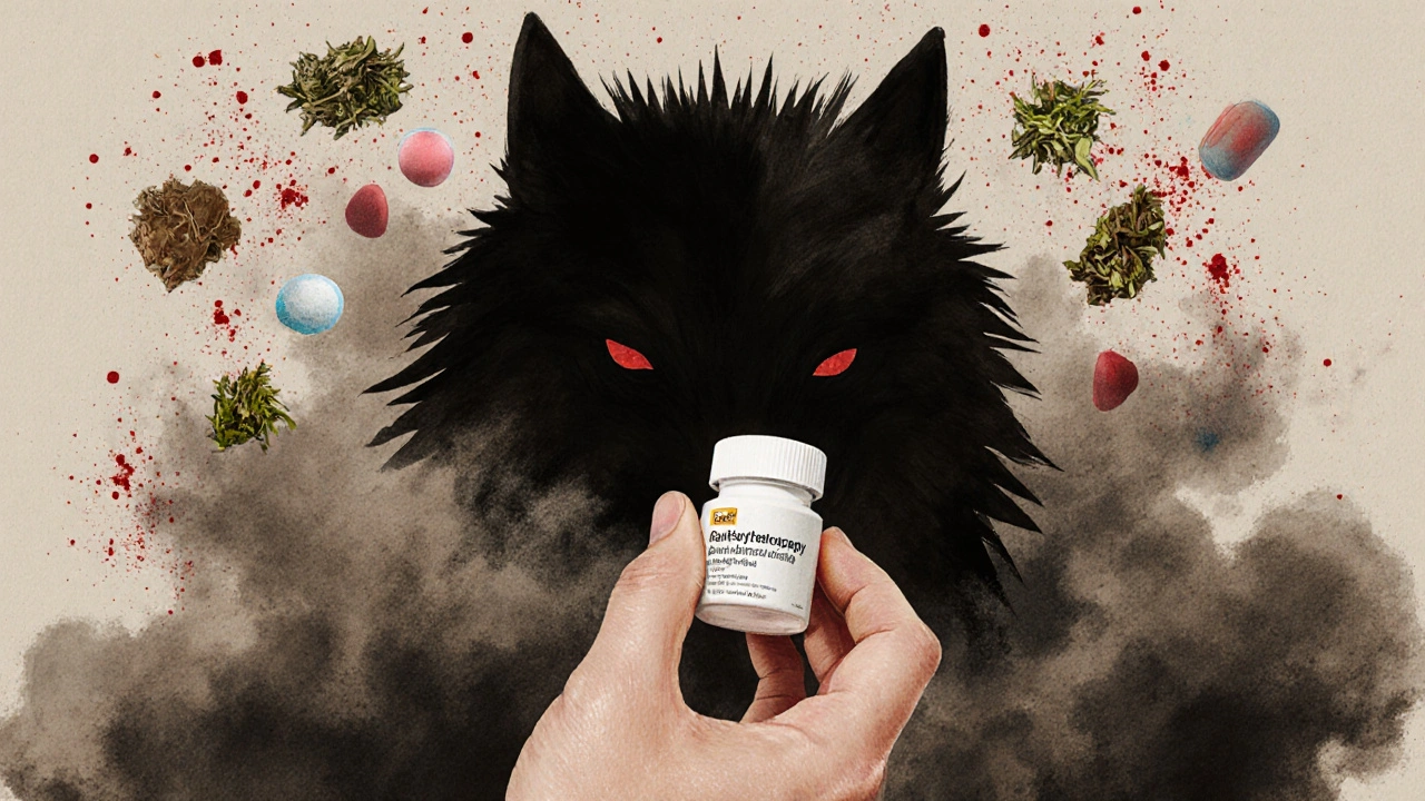 Patient holding chemo pill as monstrous immune system looms, herbal supplements dissolving into smoke.