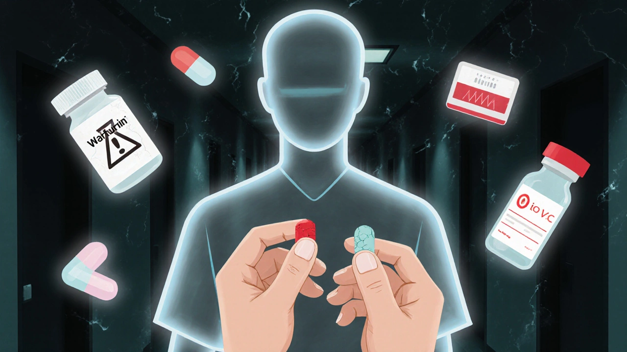 Patient holding two pills with ghostly worries and critical drug icons floating around.