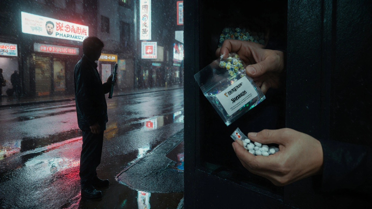 Person holds fake weight-loss pen on rainy street, neon pharmacy signs glow behind, reflection shows skull in puddle.