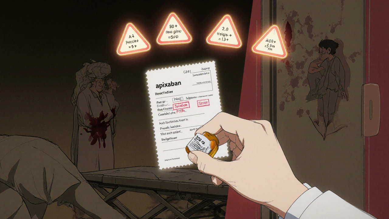 Pharmacist correcting apixaban dose with age, weight, and creatinine warning tags in Gekiga style.