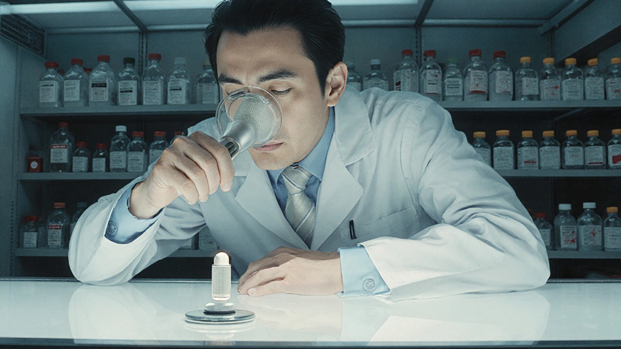 Pharmacist examines a counterfeit pill under magnifying glass beside a genuine one, shelves of fake medications behind.