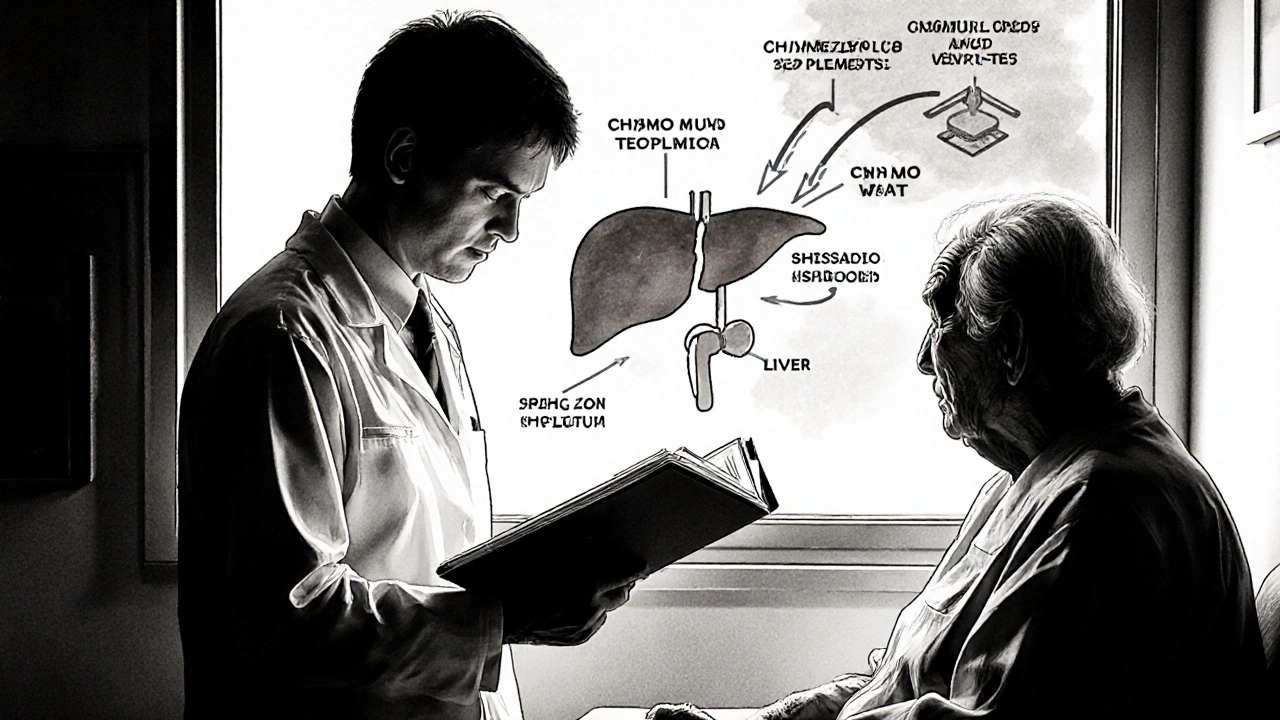 Pharmacist reviewing medications with patient, liver enzyme interactions shown as ghostly overlays.