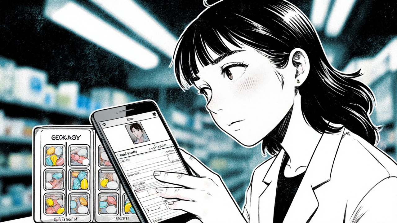 Smartphone showing medication label photo next to organized pills.