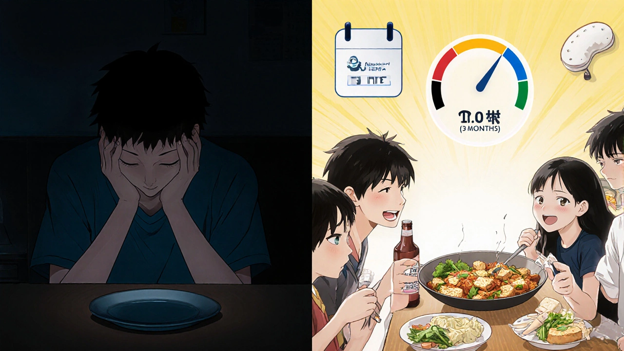 Split scene: a lonely patient vs. same person eating tofu with family, showing improved health.