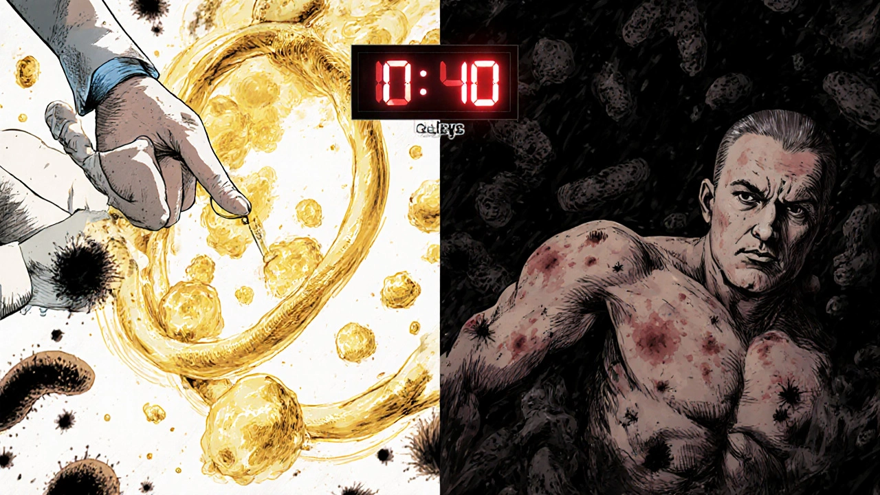 Split scene: one patient protected by antibodies after proper timing, another ravaged by shingles due to early vaccination.