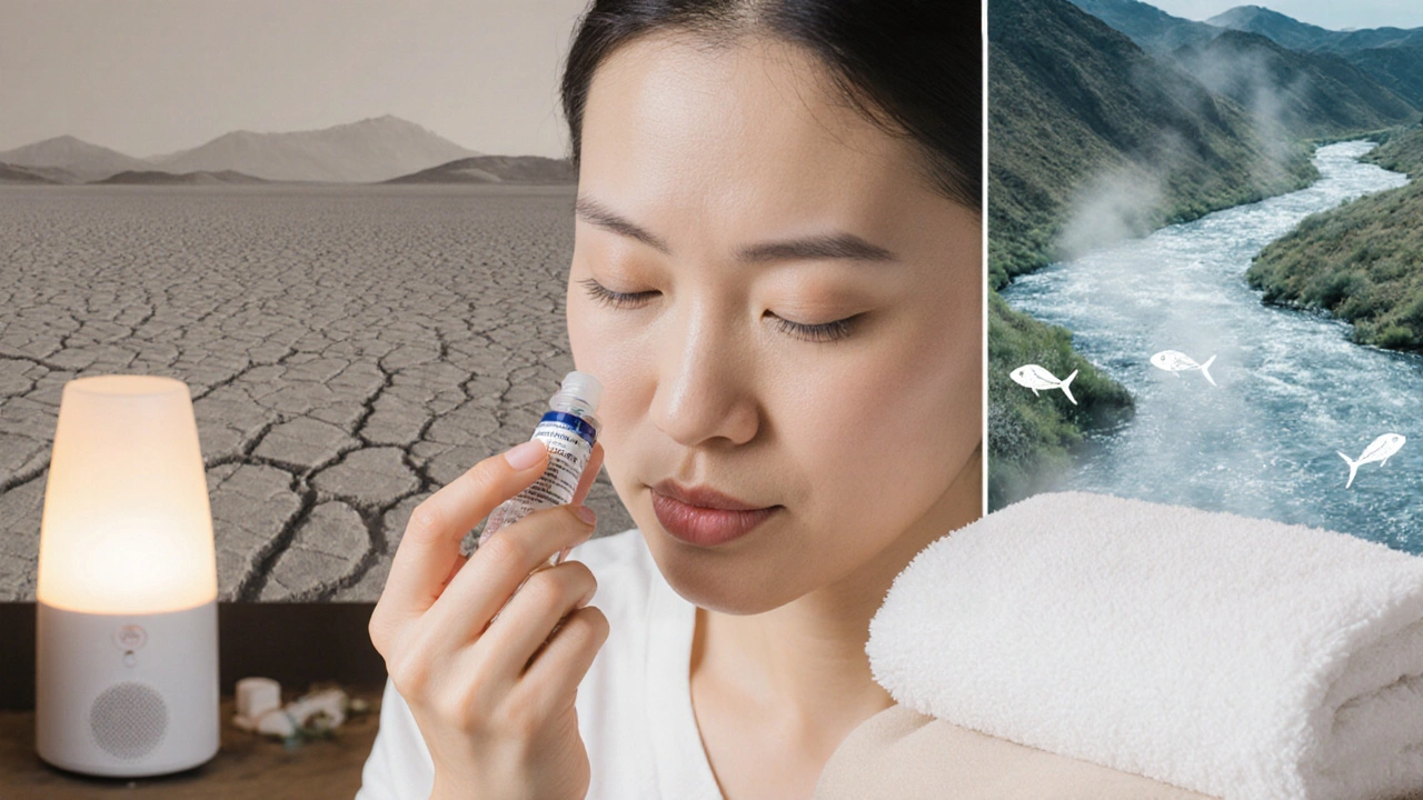 Woman applying preservative-free eye drops, warm compress nearby, tear film glowing with omega-3 light.
