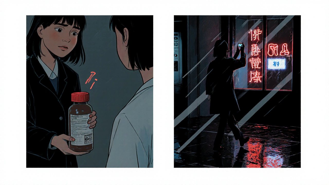 Woman taking photo of medication bottle as she leaves pharmacy.