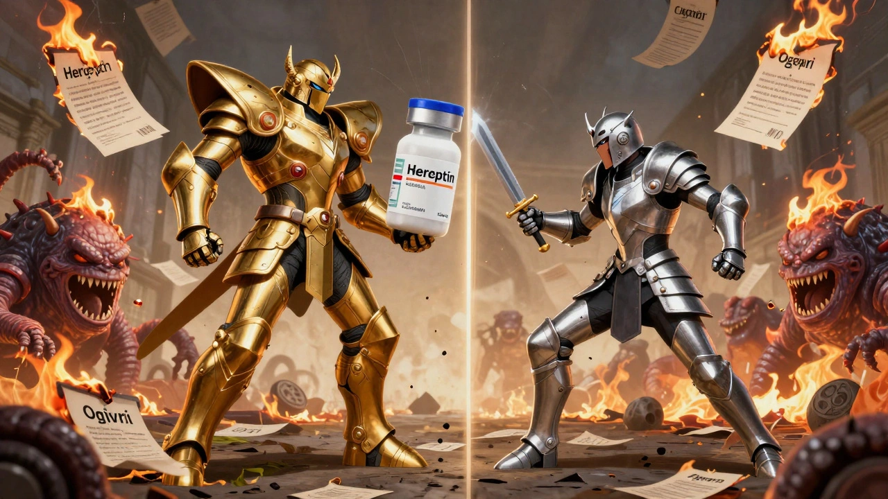 A battle between branded and biosimilar drugs against cancer, representing cost access and scientific equivalence.