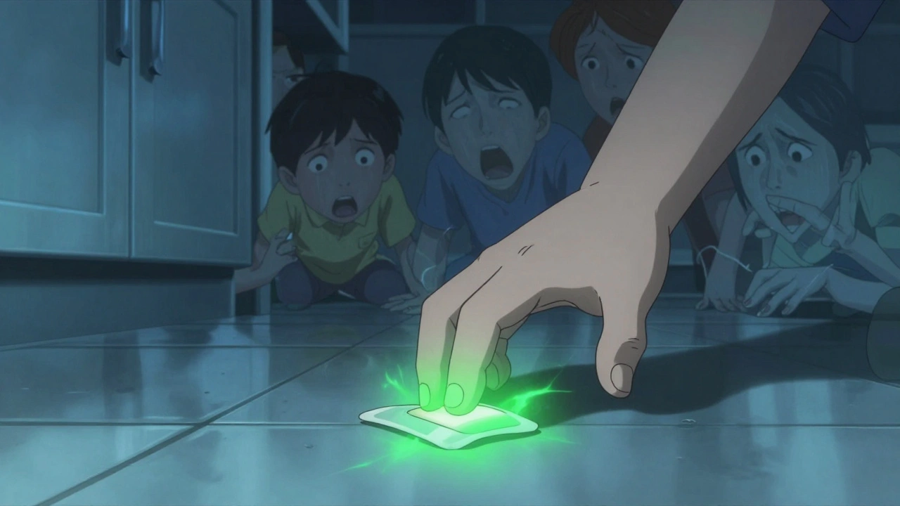 A child’s hand reaching for a discarded fentanyl patch, glowing ominously on a kitchen floor.