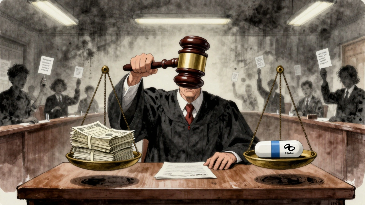 A courtroom scale balances legal costs against a pill that transforms from brand to generic, symbolizing broken competition.