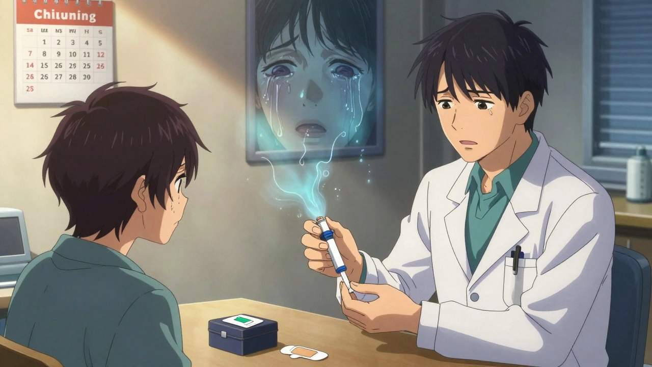 A doctor handing naloxone to a patient, with withdrawal symptoms fading in the background.