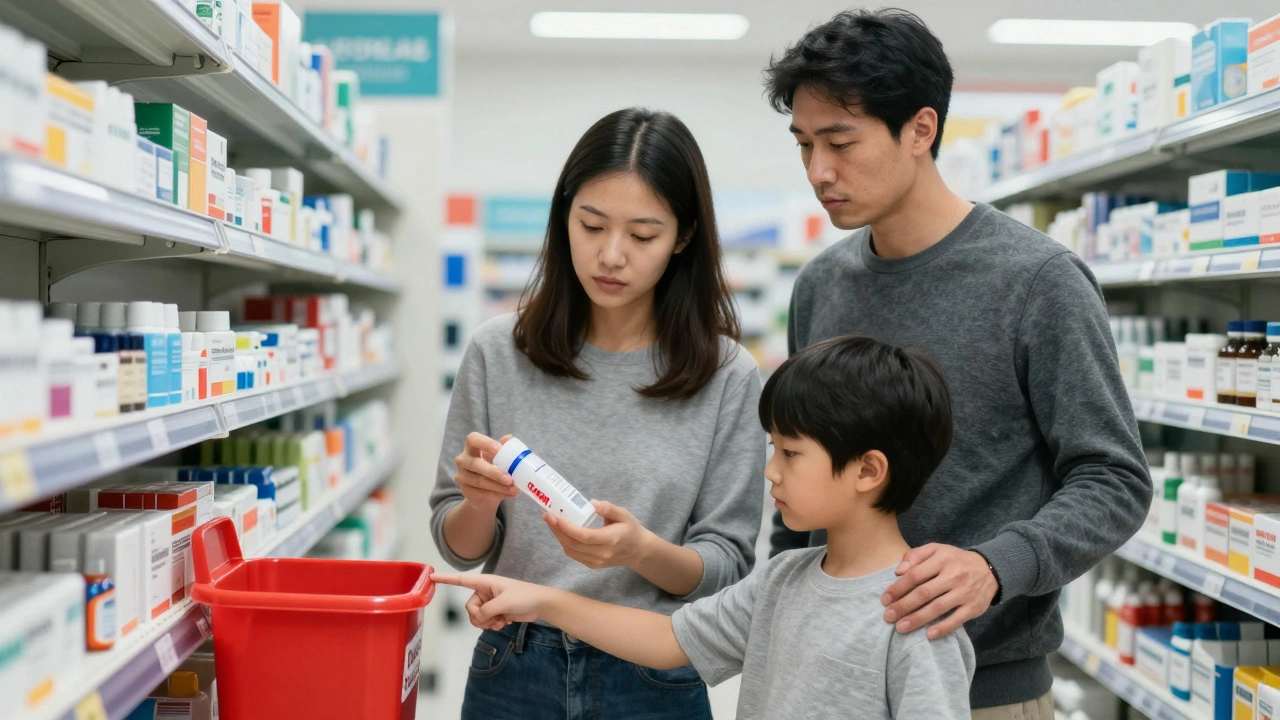 A family at a pharmacy, holding a sharps container, standing beside a drug take-back bin.