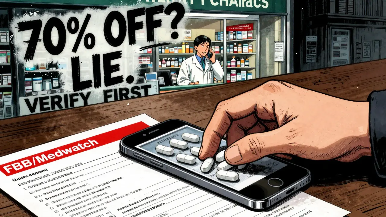 A hand slams down a phone beside counterfeit pills, with a legitimate pharmacy visible in the background.