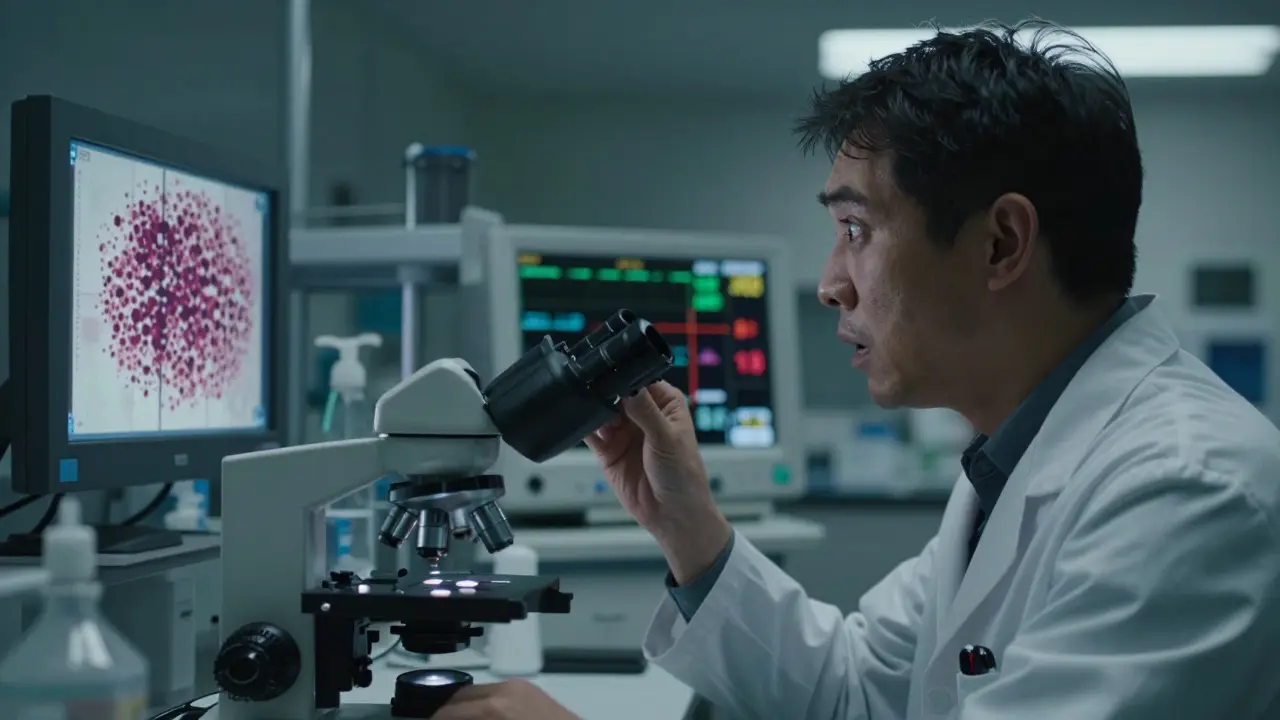 A lab technician examines inconsistent drug particles under a microscope, with a hospital monitor showing transplant rejection.