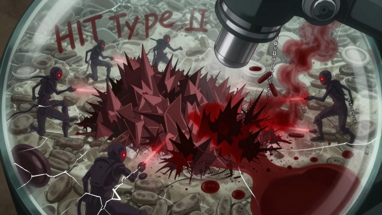 A microscopic battle between platelets and antibodies in a blood smear, rendered as a war-torn landscape.