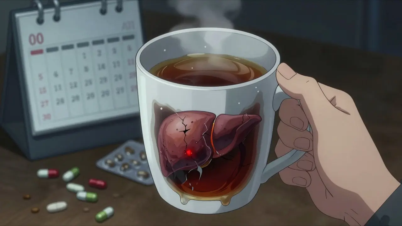 A mug of dark urine reflecting a cracked, damaged liver, with pills and a calendar showing months passing.