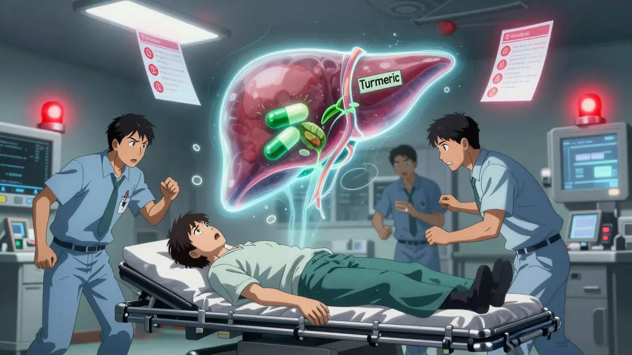 A patient collapsing in an ER as a ghostly liver hovers above, blocked by herbal supplements and flashing medical alerts.
