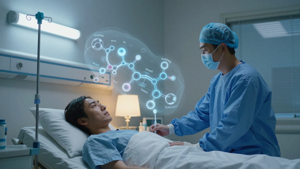 A patient receiving a biosimilar infusion in a hospital room, with floating molecular structures symbolizing treatment precision.