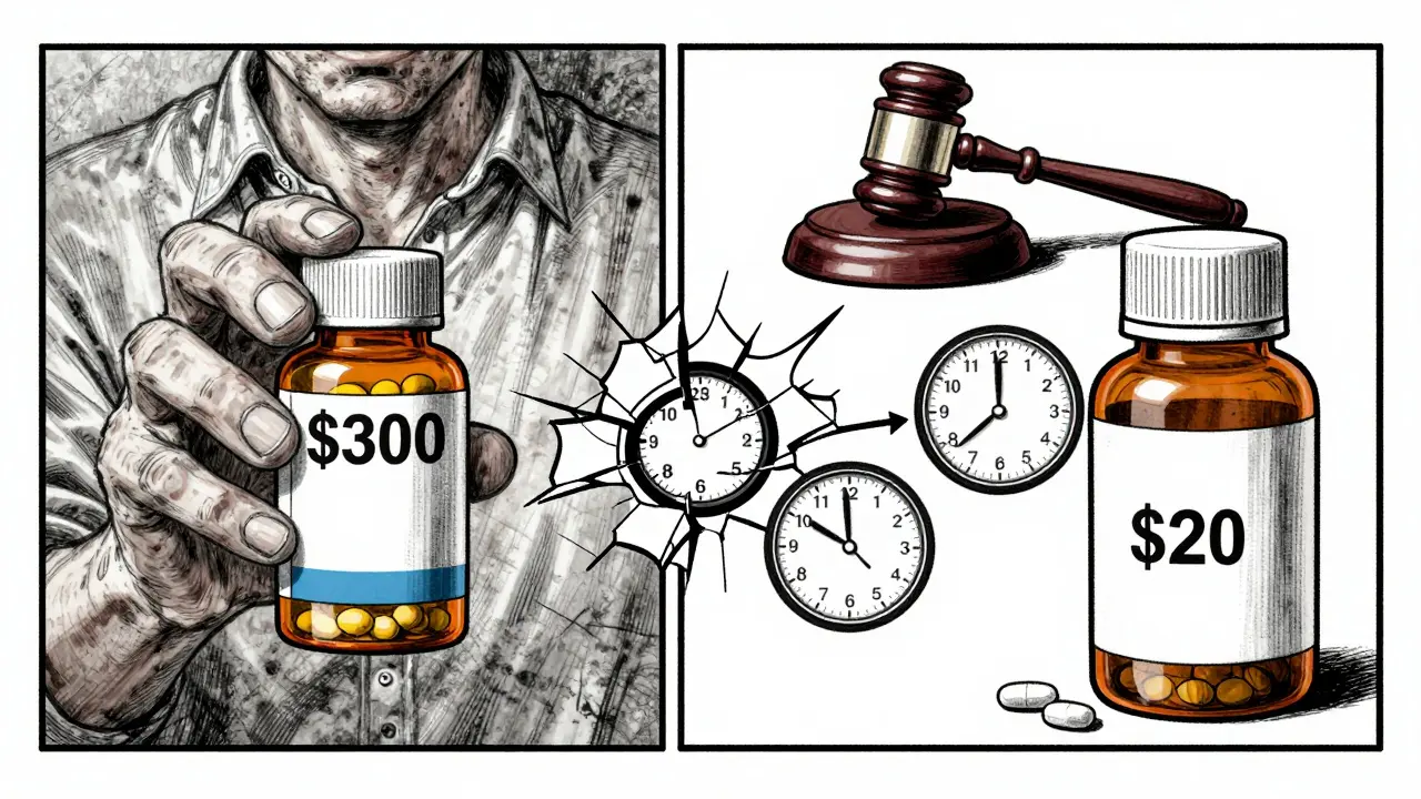 A patient torn between expensive brand-name medication and affordable generic alternative with legal delays in between.