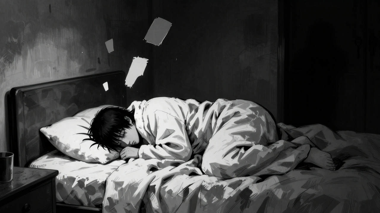 A person curled in bed in darkness, surrounded by abstract shadows representing emotional numbness and worthlessness.
