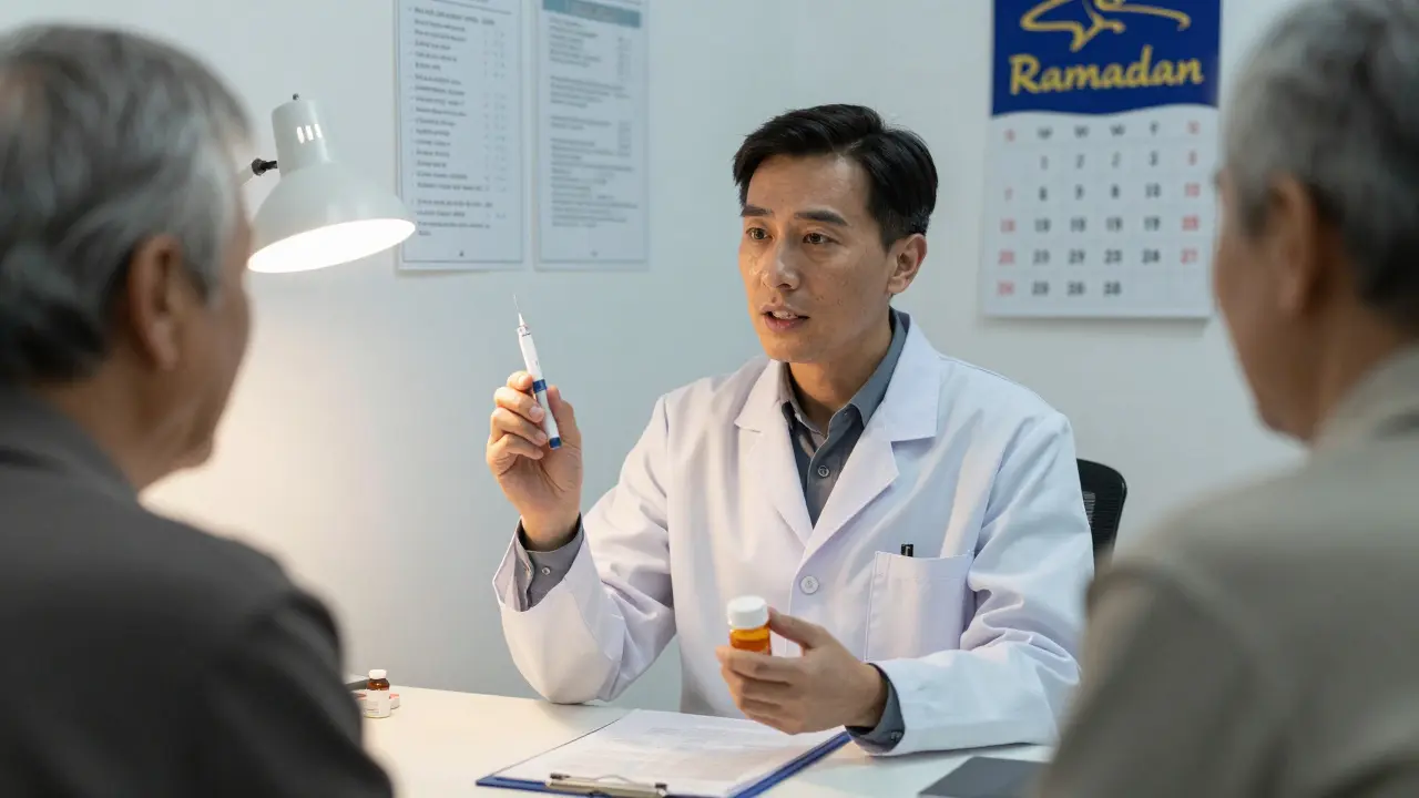 A pharmacist and patient discussing medication timing during Ramadan, with medical tools and calendar visible.