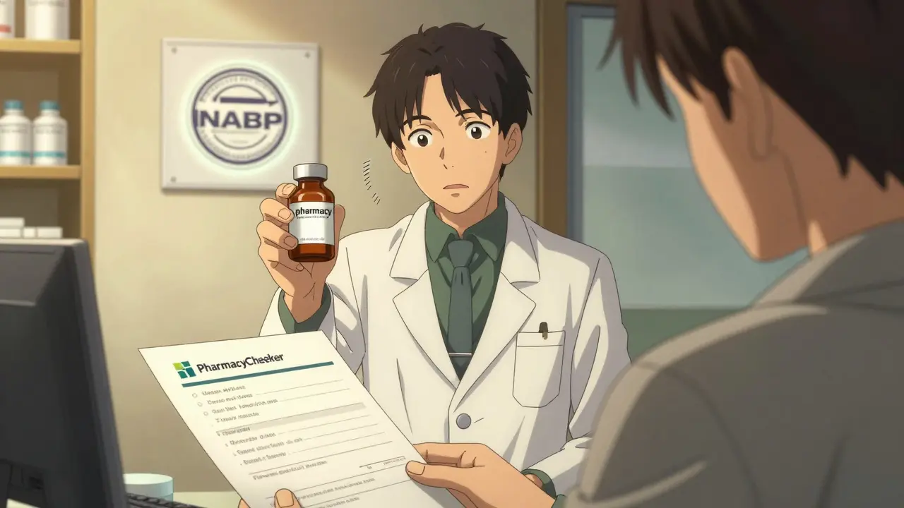 A pharmacist hands a verified prescription to a patient under a glowing accreditation seal.