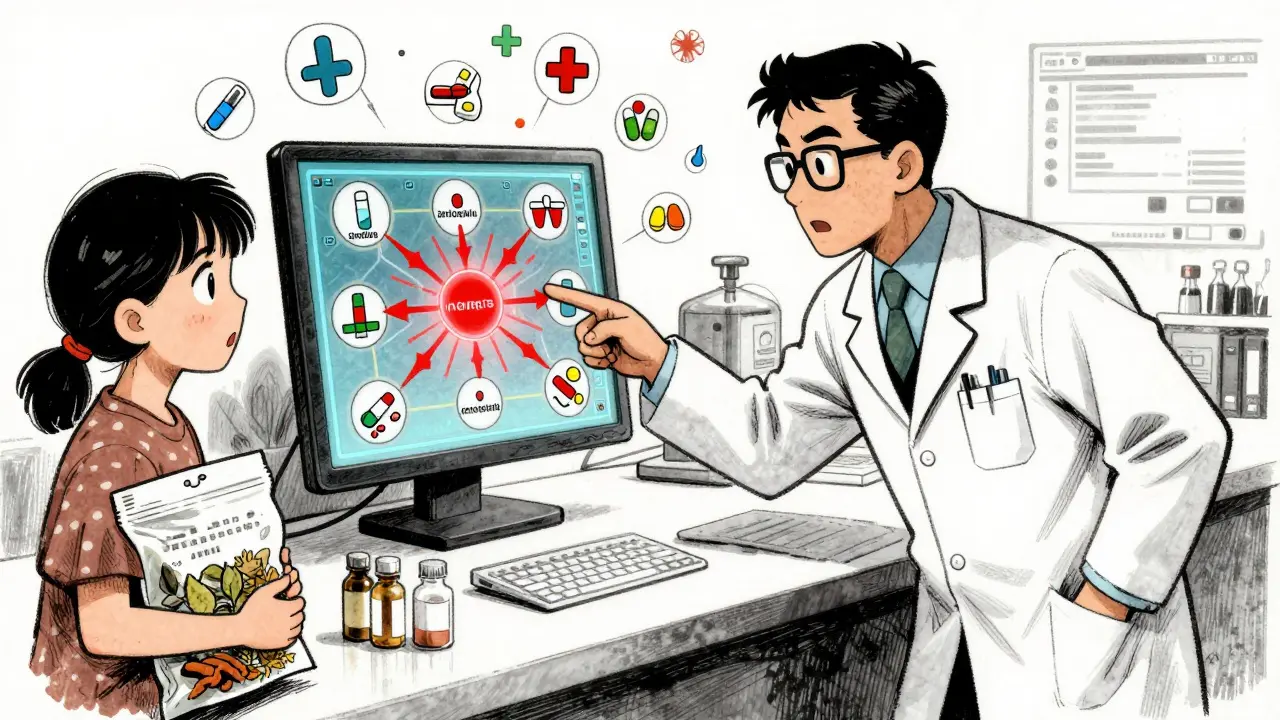 A pharmacist points at a digital screen showing red arrows between conflicting medications as a patient watches anxiously.