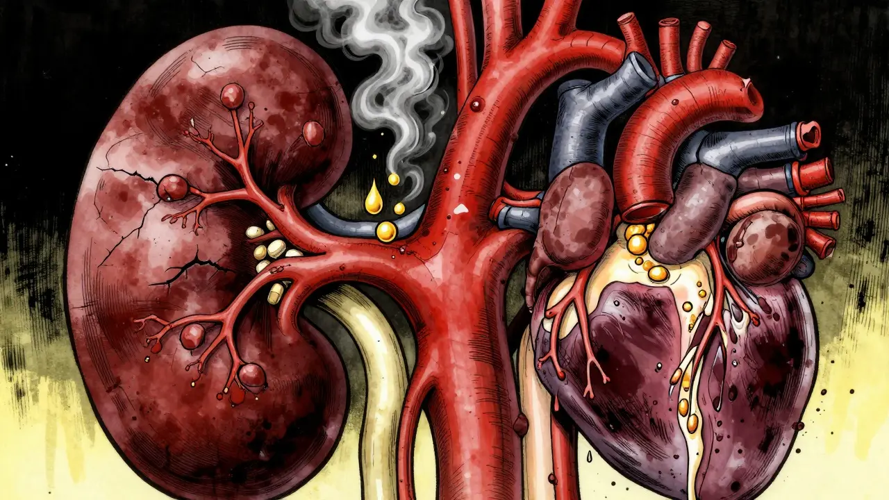 A stylized kidney with blocked vessels and fluid leaking into a failing heart, rendered in gritty ink tones.