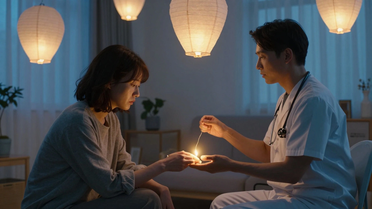 A therapist and grieving person connected by golden light, with floating memories of the lost loved one around them.