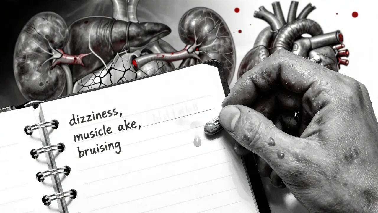 A trembling hand holds a symptom diary as ghostly organs fracture under the weight of drug interactions.