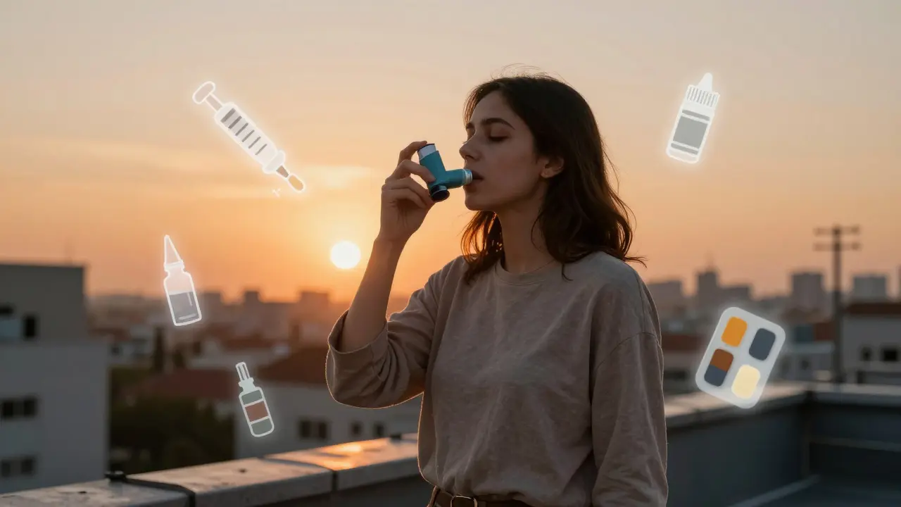 A woman using an inhaler at sunset, with symbolic medical icons floating around her during Iftar.