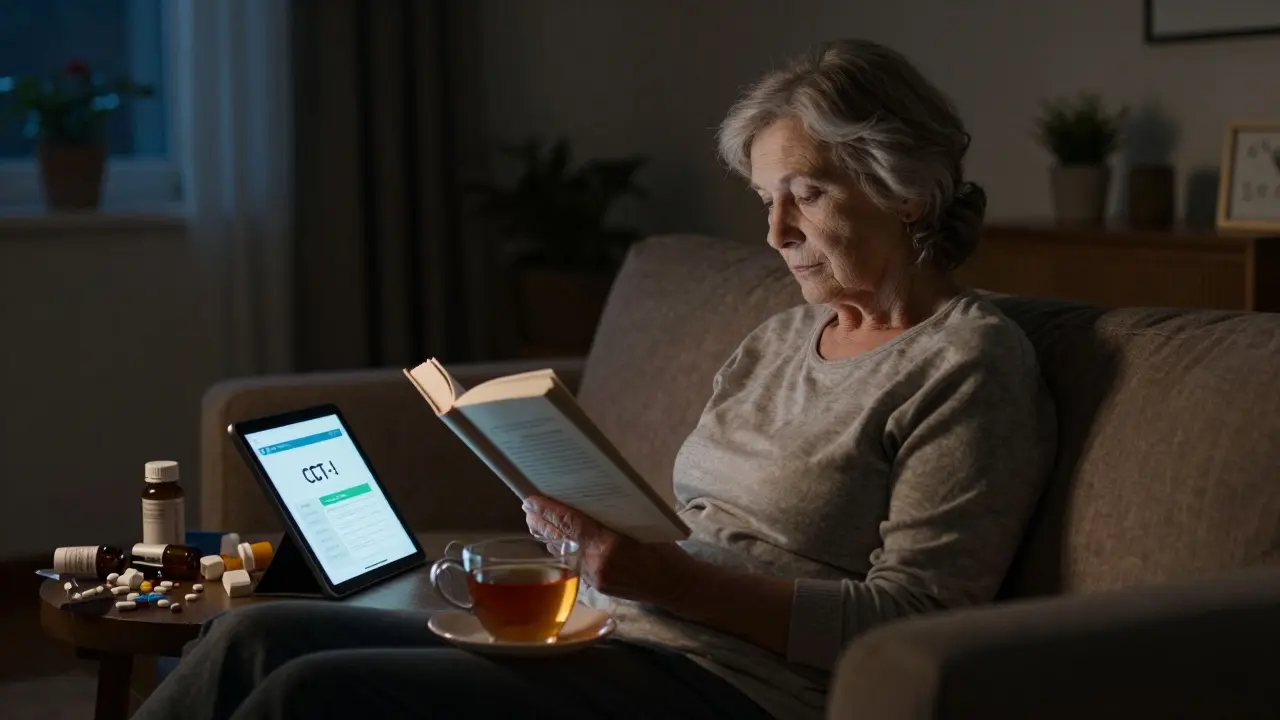 An elderly woman reading peacefully at night with a CBT-I app glowing beside her, pill bottles discarded nearby.