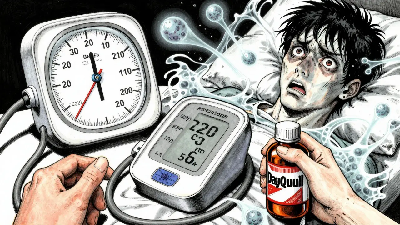 Blood pressure monitor spiking to 220/110 with ghostly serotonin and norepinephrine waves surrounding a panicked patient.