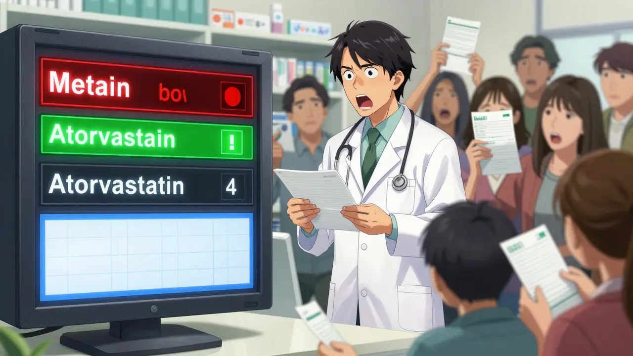 Digital inventory alert flashing low stock and expiry warning as patients rush in.