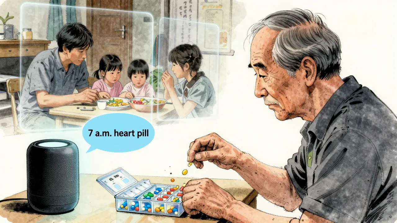 Elderly man with pill organizer, ghostly memories of family, and smart speaker reminder.